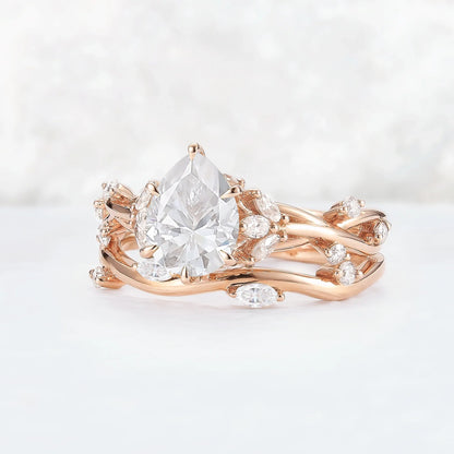 Unique Pear Cut Moissanite Vine Gemstone Ring Set 2pcs