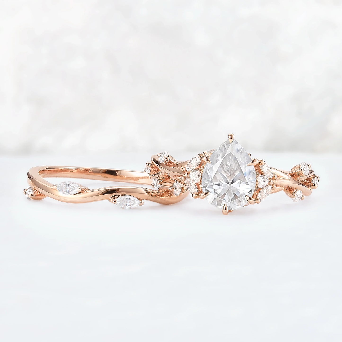 Unique Pear Cut Moissanite Vine Gemstone Ring Set 2pcs