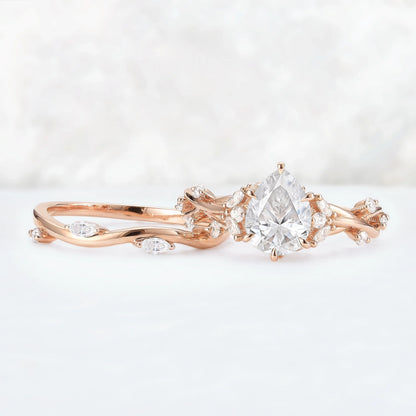 Unique Pear Cut Moissanite Vine Gemstone Ring Set 2pcs