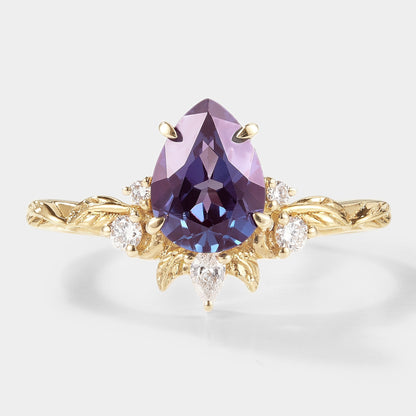 Pear Cut Alexandrite Engagement Ring With Leaf