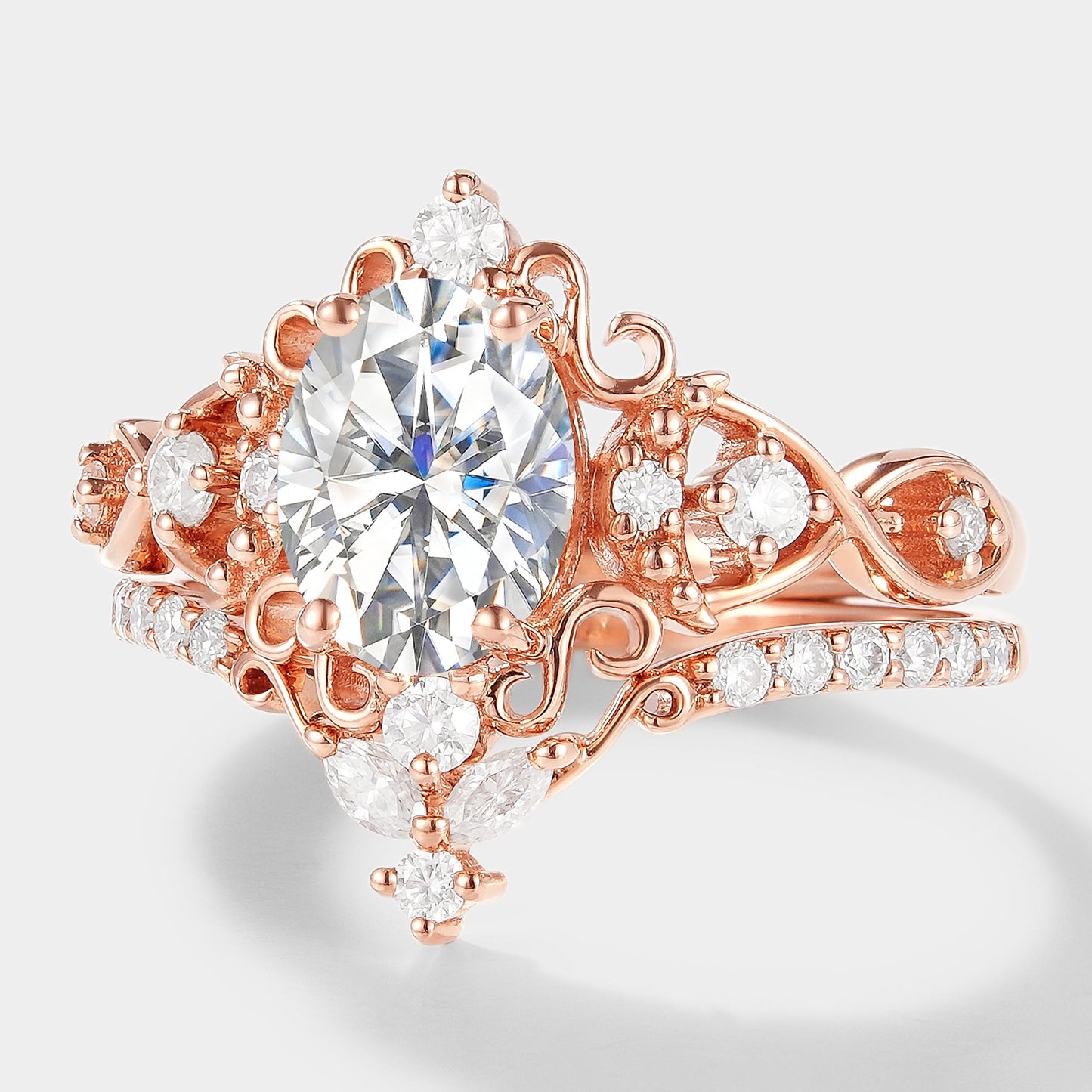Vintage Oval Cut Moissanite Engagement Ring Set 2pcs