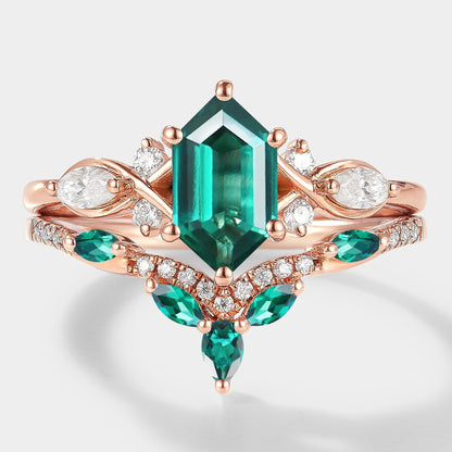 Long Hexagon Cut Lab Emerald Ring Set 2pcs