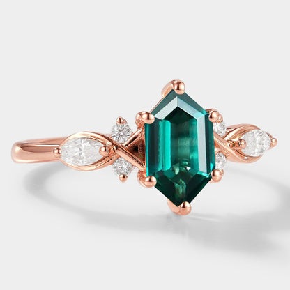 Long Hexagon Cut Lab Grown Emerald Engagement Ring