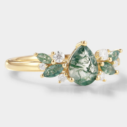 Teardrop Moss Agate Engagement Ring