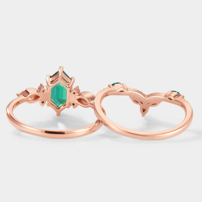 Long Hexagon Cut Lab Emerald Ring Set 2pcs