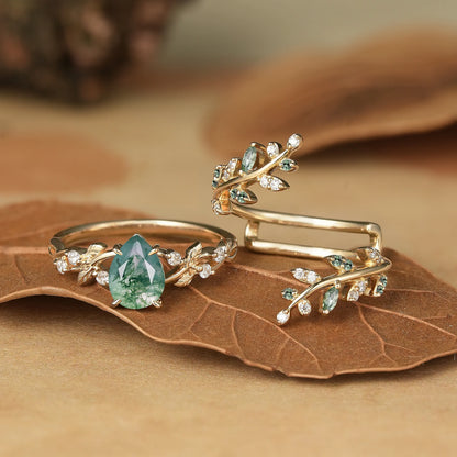 Pear Cut Moss Agate Cross Leaf Bridal Ring Set With Green Saphire Enhancer - Leah |  Aphrodite