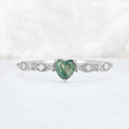 Vintage Heart Shaped Cut Moss Agate and Moissanite Gemstone Ring