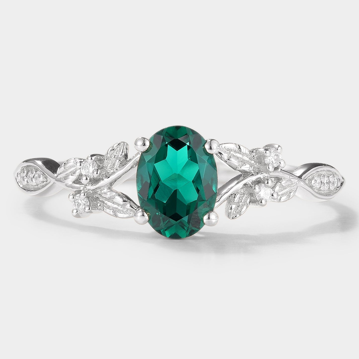 Oval Cut Lab Grown Emerald Leaf Engagement Ring
