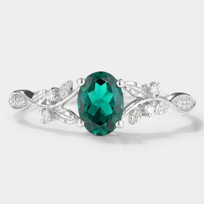 Oval Cut Lab Grown Emerald Leaf Engagement Ring