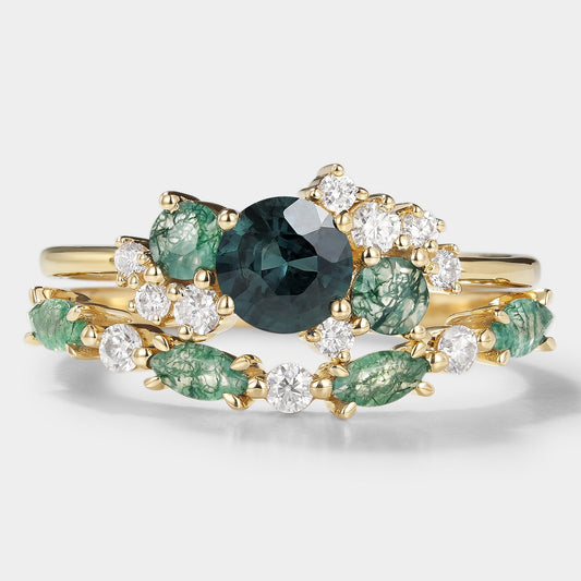 Teal Sapphire Ring With Moss Agate & Moissainte Ring Sets 2pcs