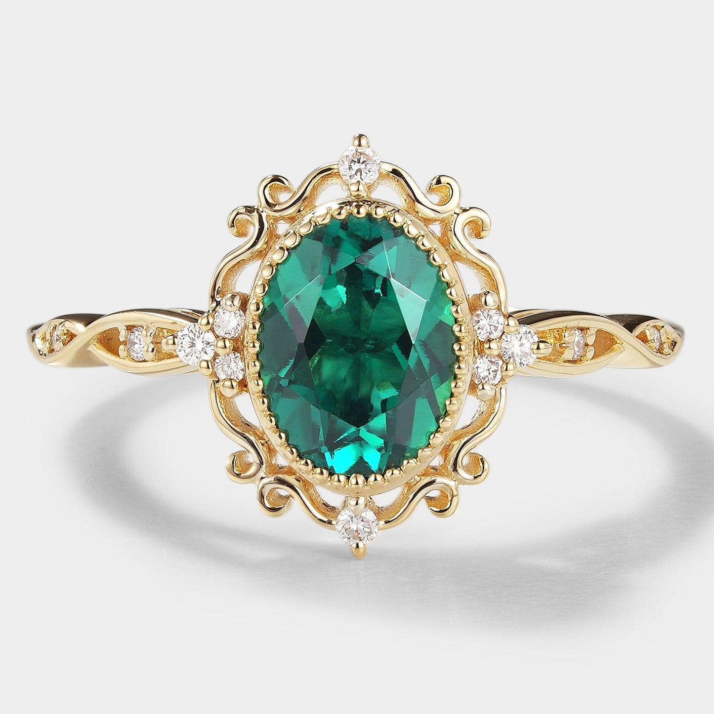 Vintage Royal Court Style Lab Grown Emerald Engagement Ring
