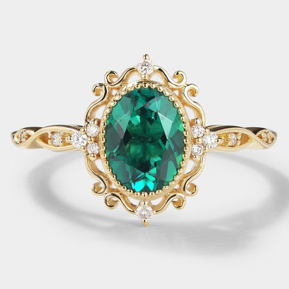 Vintage Royal Court Style Lab Grown Emerald Engagement Ring