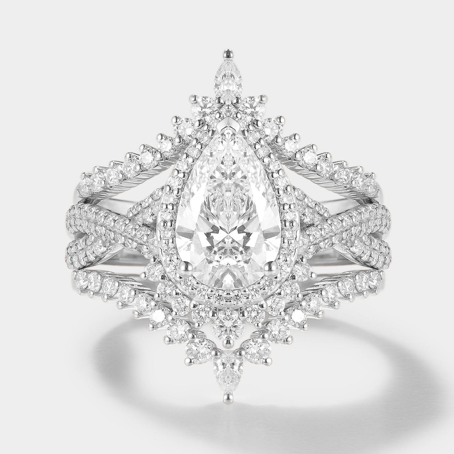 Unique Pear Cut Halo Moissanite Engagement Ring Set 3pcs