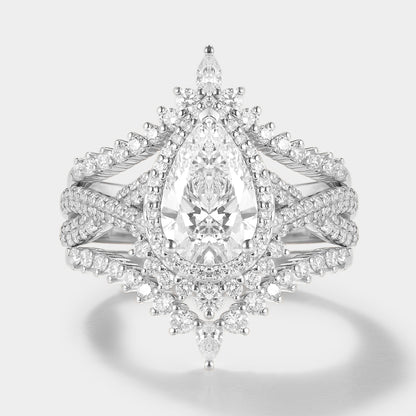 Unique Pear Cut Halo Moissanite Engagement Ring Set 3pcs