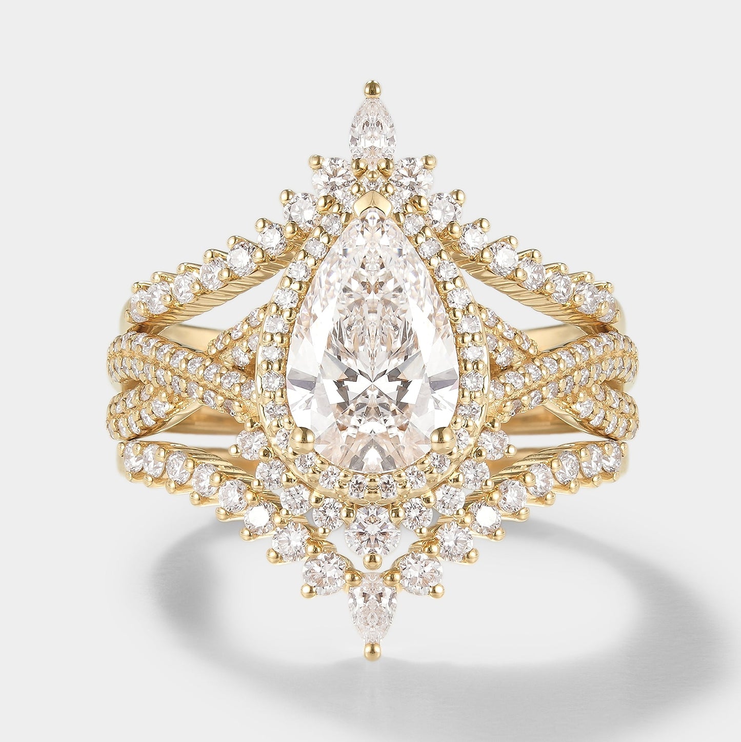 Unique Pear Cut Halo Moissanite Engagement Ring Set 3pcs