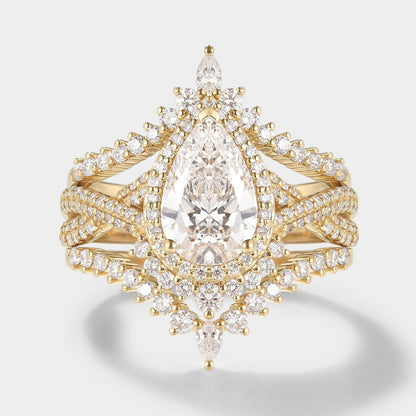 Unique Pear Cut Halo Moissanite Engagement Ring Set 3pcs