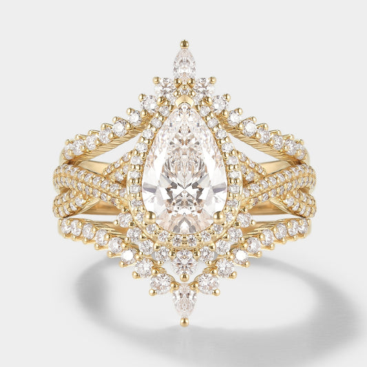 Unique Pear Cut Halo Moissanite Engagement Ring Set 3pcs