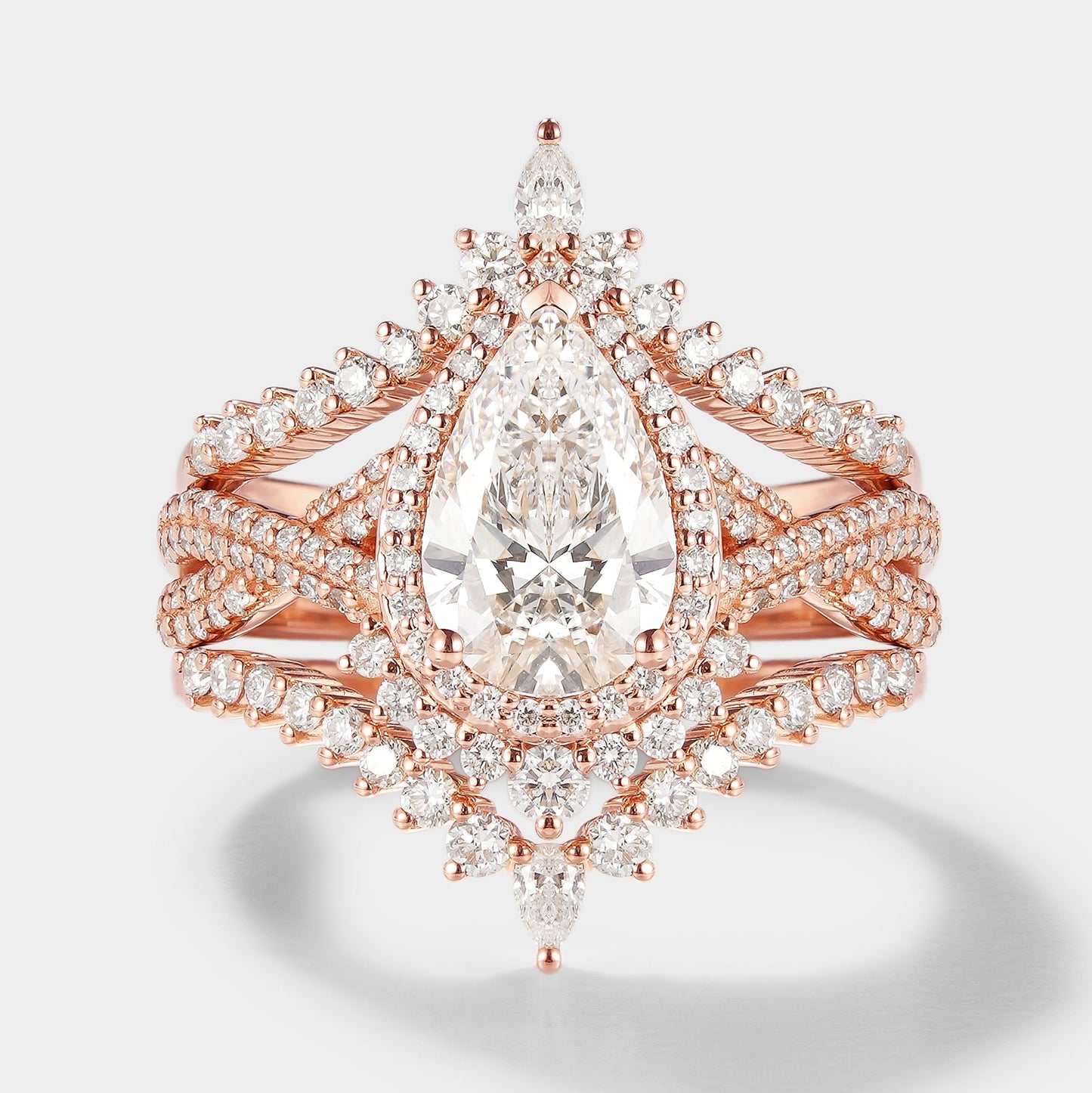 Unique Pear Cut Halo Moissanite Engagement Ring Set 3pcs