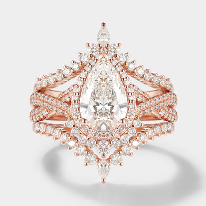 Unique Pear Cut Halo Moissanite Engagement Ring Set 3pcs