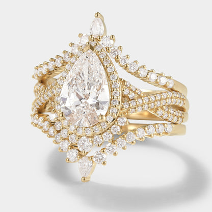 Unique Pear Cut Halo Moissanite Engagement Ring Set 3pcs