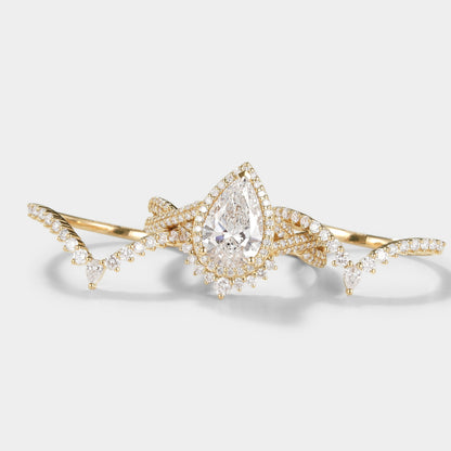 Unique Pear Cut Halo Moissanite Engagement Ring Set 3pcs