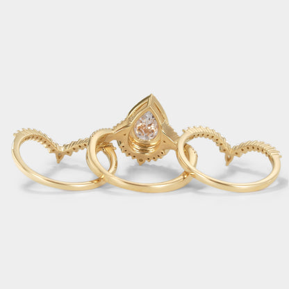 Unique Pear Cut Halo Moissanite Engagement Ring Set 3pcs