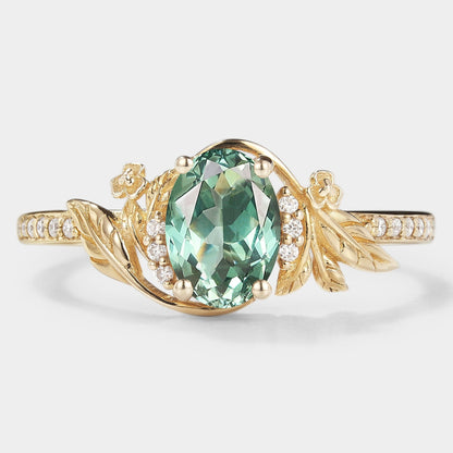 Oval Green Sapphire Engagement Ring with Leaf & Flower