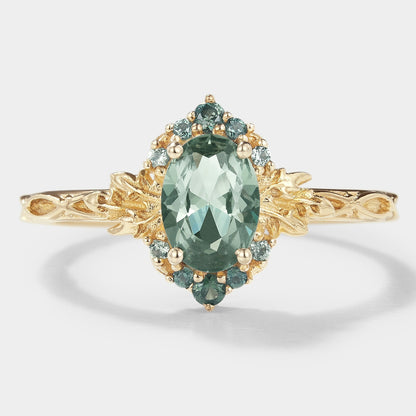 Oval Green Sapphire Engagement Ring with Leaf Pattern - Saphira