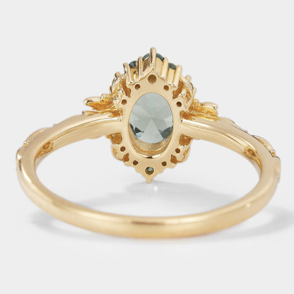Oval Green Sapphire Engagement Ring with Leaf Pattern - Saphira
