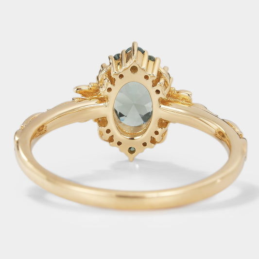 Oval Green Sapphire Engagement Ring with Leaf Pattern - Saphira