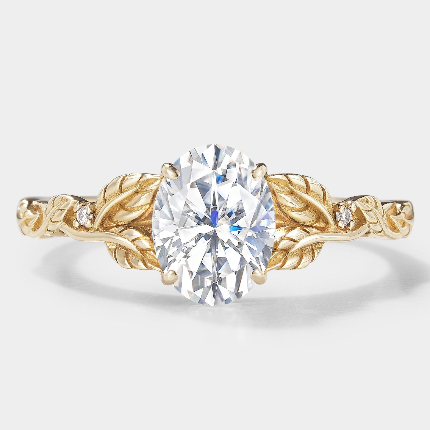 Oval Moissanite Engagement Ring with Leaf Inspired Band - Leafora