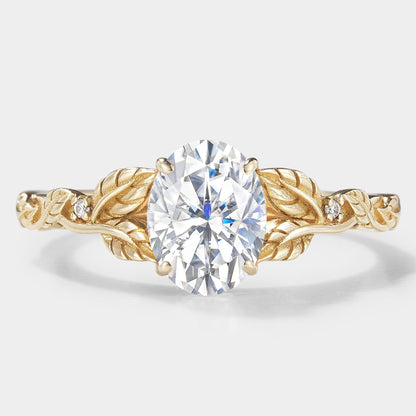 Oval Moissanite Engagement Ring with Leaf Inspired Band - Leafora