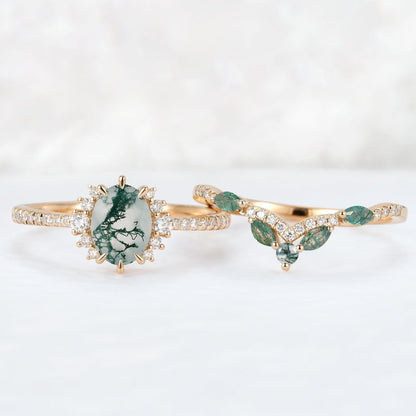 Unique Oval Cut Moss Agate Half Enternity Ring Set 2pcs