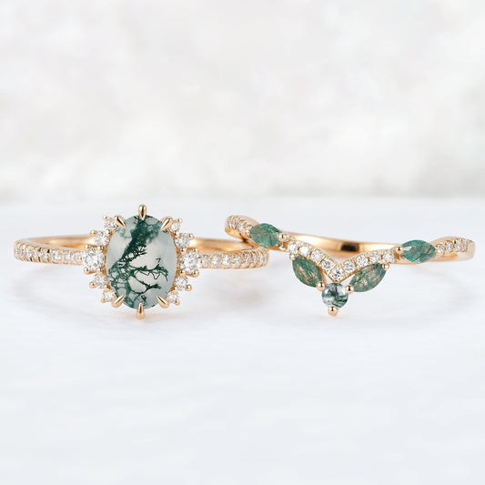 Unique Oval Cut Moss Agate Half Enternity Ring Set 2pcs