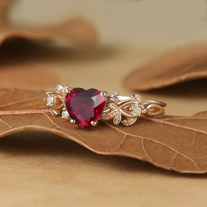 Heart Cut Ruby Leaf Inspired Engagement Ring - Poppy