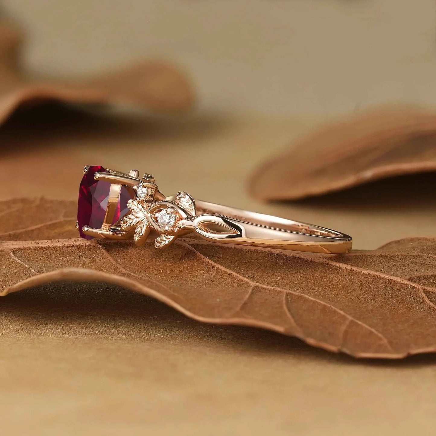 Heart Cut Ruby Leaf Inspired Engagement Ring - Poppy