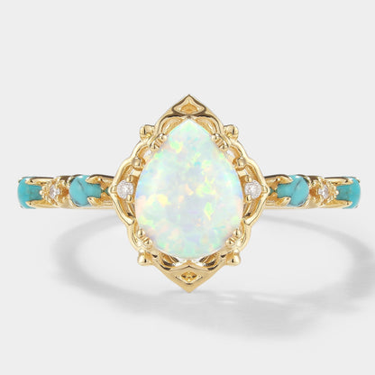 Pear Cut Opal Engagement Ring With Turquoise