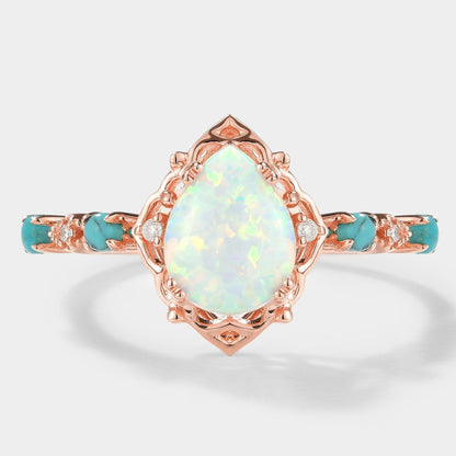 Pear Cut Opal Engagement Ring With Turquoise