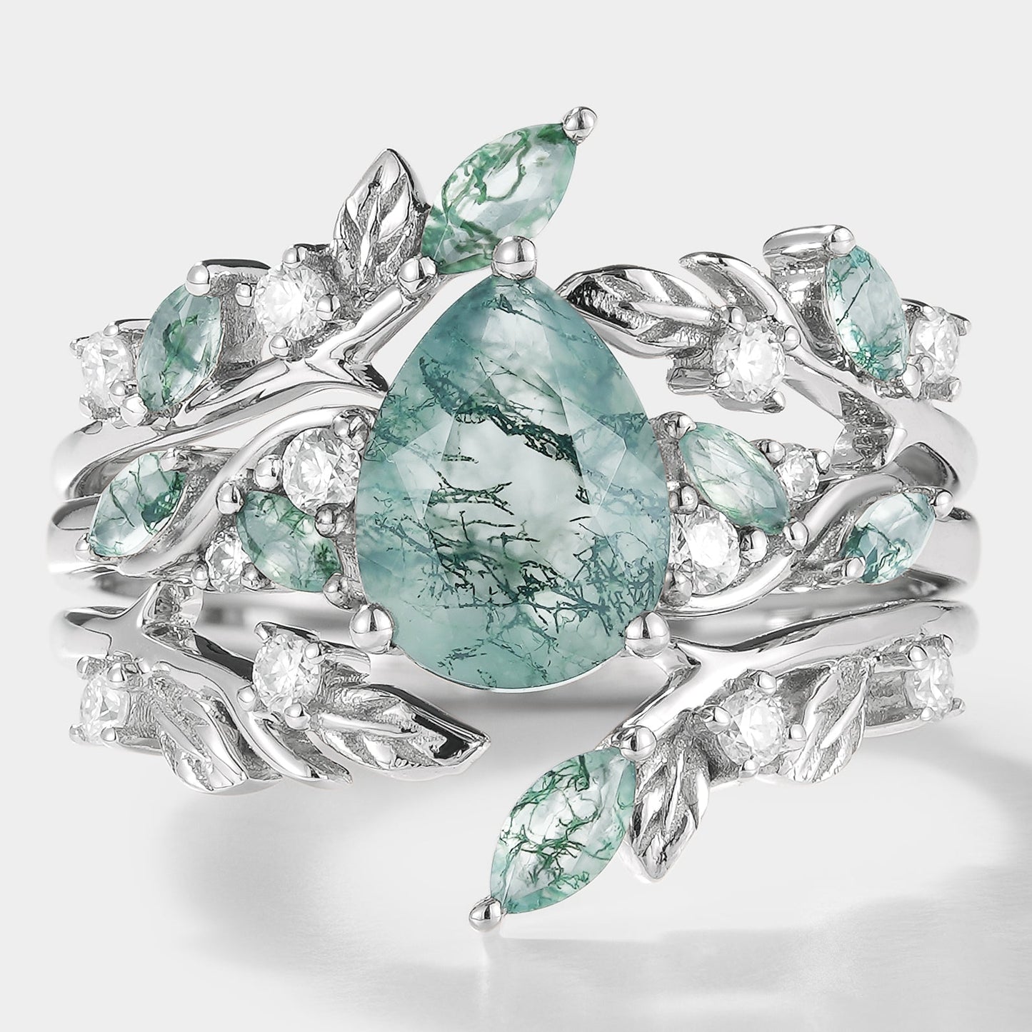 Moss Agate Engagement Ring With Enhancer Leaf Branch Double Wedding Band