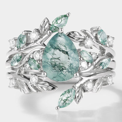 Moss Agate Engagement Ring With Enhancer Leaf Branch Double Wedding Band