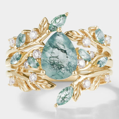 Moss Agate Engagement Ring With Enhancer Leaf Branch Double Wedding Band