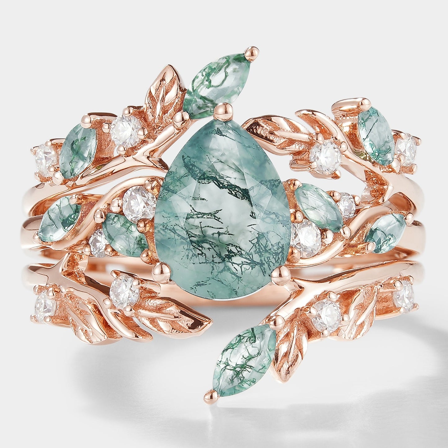 Moss Agate Engagement Ring With Enhancer Leaf Branch Double Wedding Band