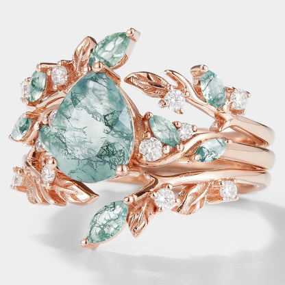 Moss Agate Engagement Ring With Enhancer Leaf Branch Double Wedding Band