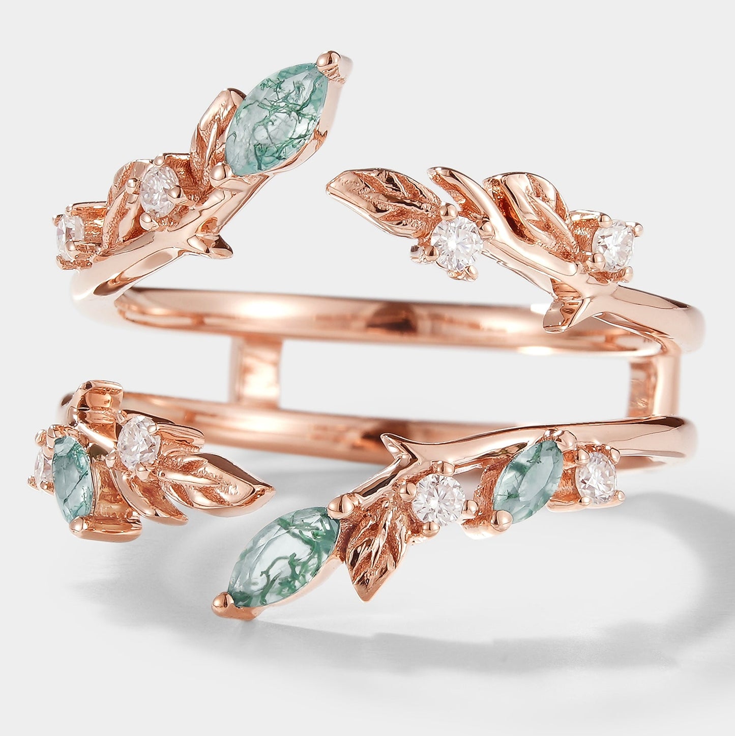Moss Agate Enhancer Leaf Double Wedding Band