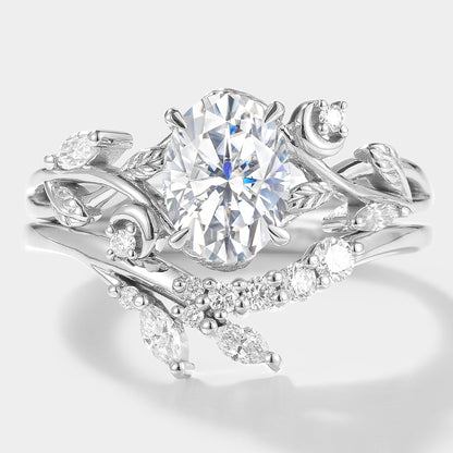 Oval Cut Moissanite Engagement Ring Set With Moon & Leaf