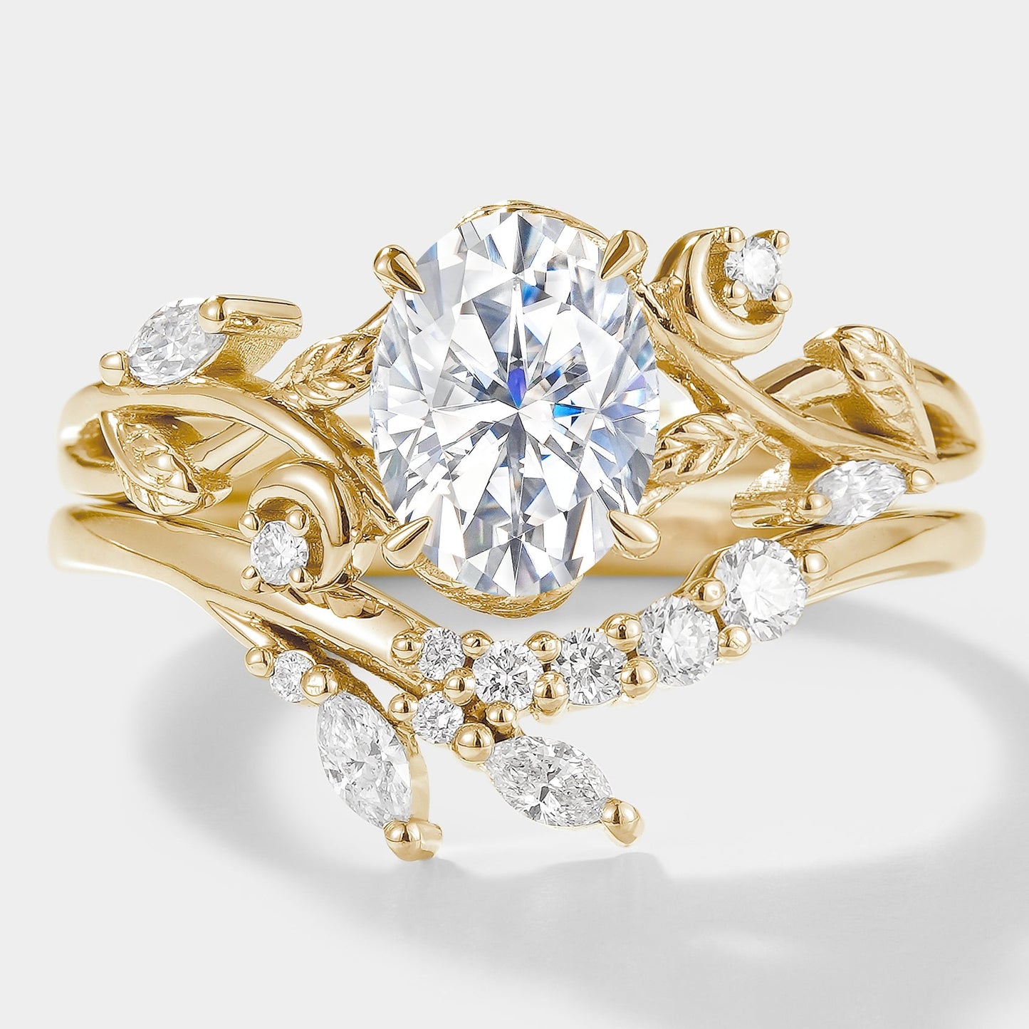 Oval Cut Moissanite Engagement Ring Set With Moon & Leaf