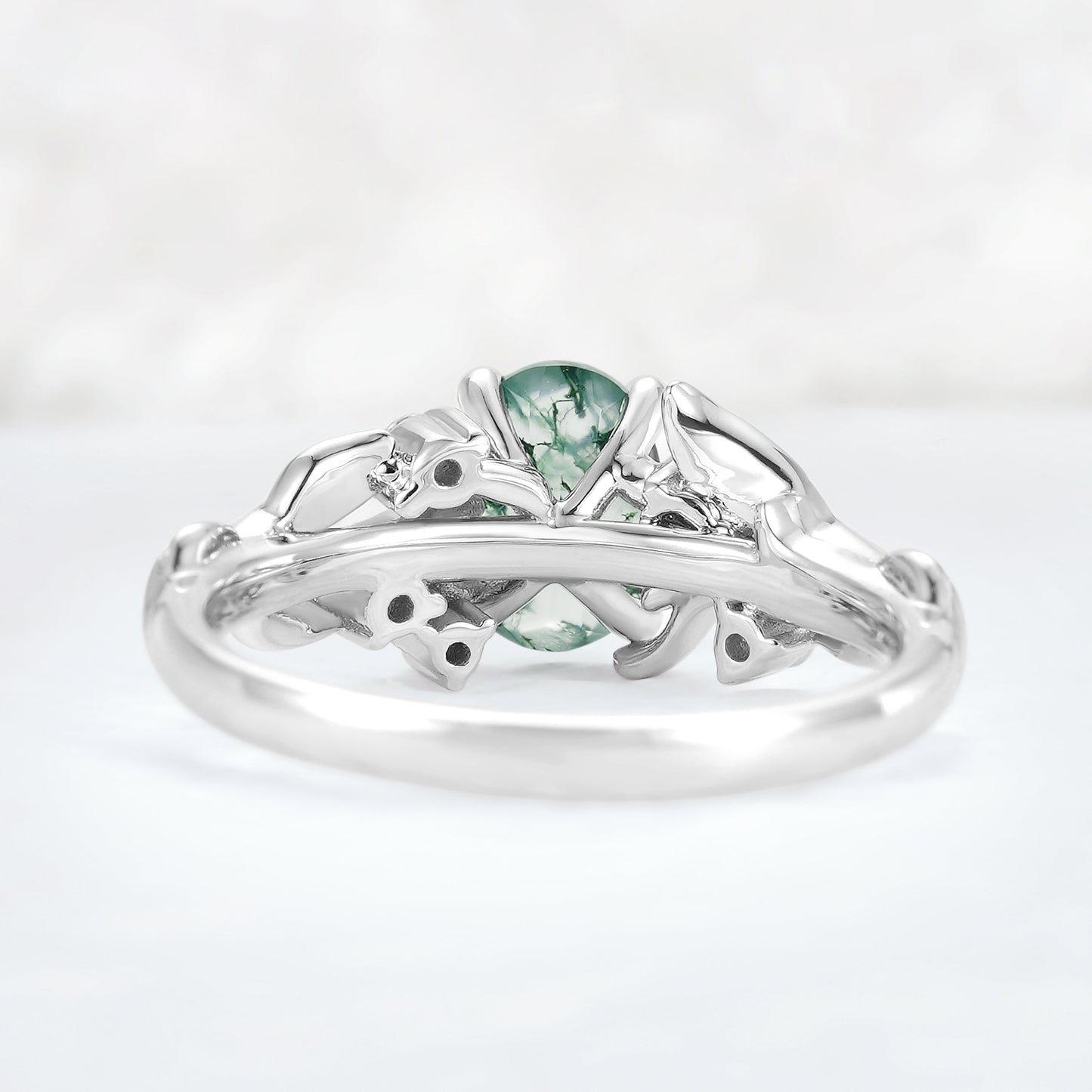 Nature Inspired Oval Cut Moss Agate Leafy 10K Gold Ring