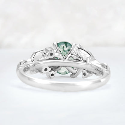 Nature Inspired Oval Cut Moss Agate Leafy 10K Gold Ring