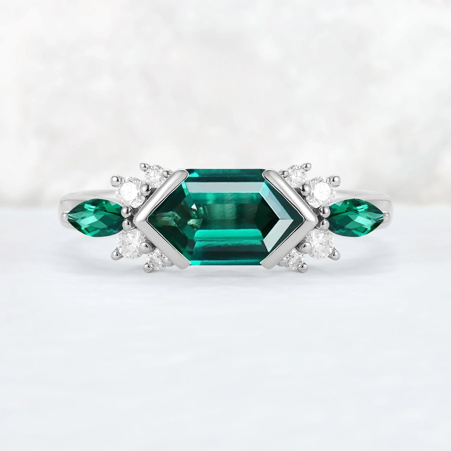 Cluster Hexagon Cut Emerald Bezel 14K Yellow Gold  Gemstone Ring