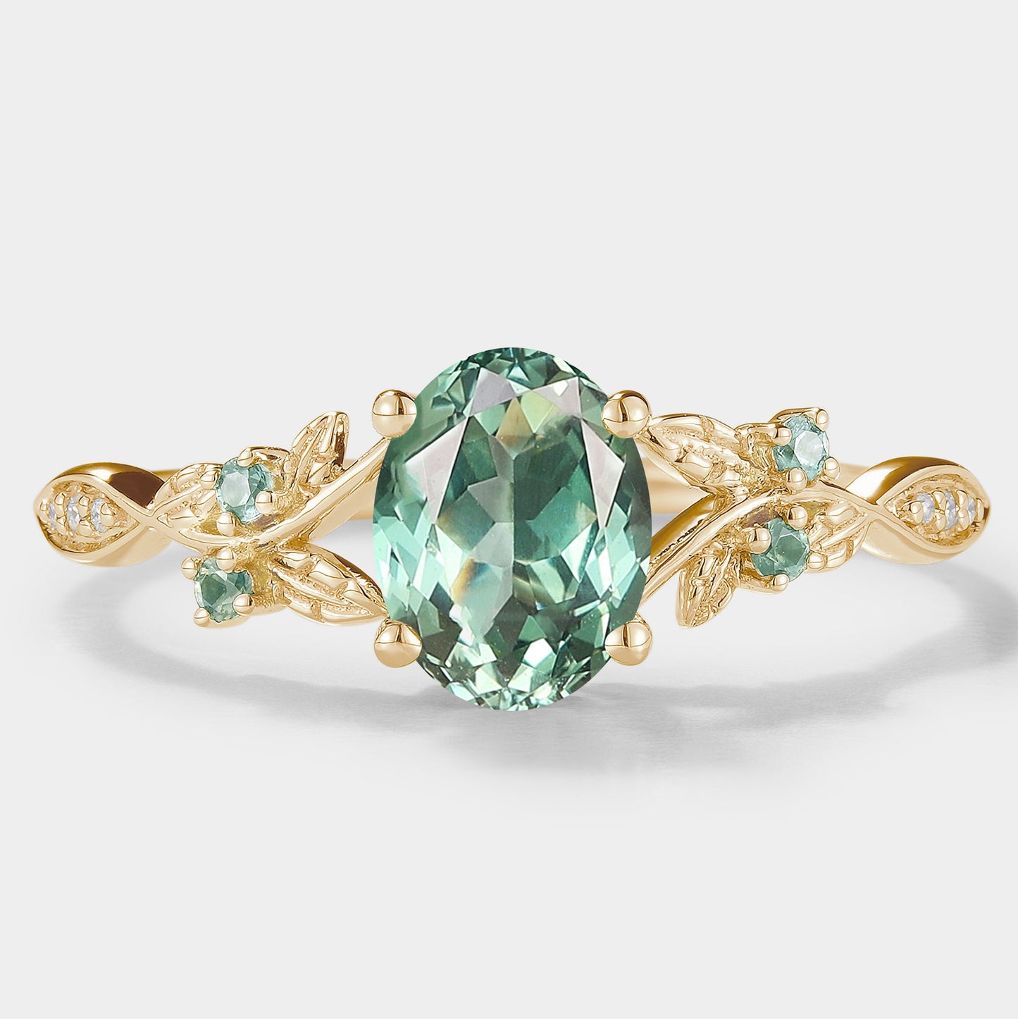 Oval Cut Lab Green Sapphire Engagement Ring With Leaf